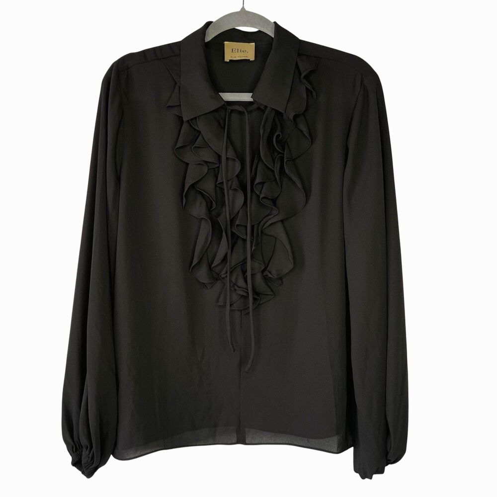 Elie Tahari Sheer Blouse Split V Neck Tie Closure Ruffle Puff Sleeve Large Black